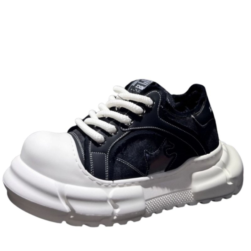 画像1: Unisex Distressed Denim Star Patchwork Platform Lace-Up Sneakersユニセックス 男女兼用 デニムスターパッチワークダメージ厚底レースアップスニーカー (1)