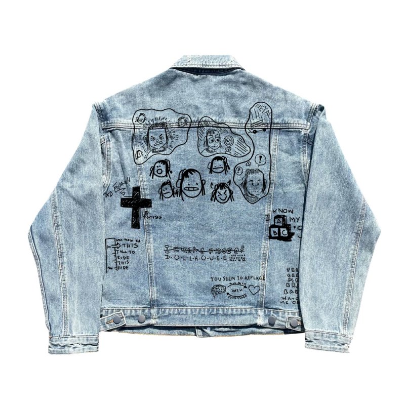 画像2: Doodle-style portrait Distressed Denim Jacket ユニセックス男女兼用落書き似顔絵 ダメージデニムGジャン (2)