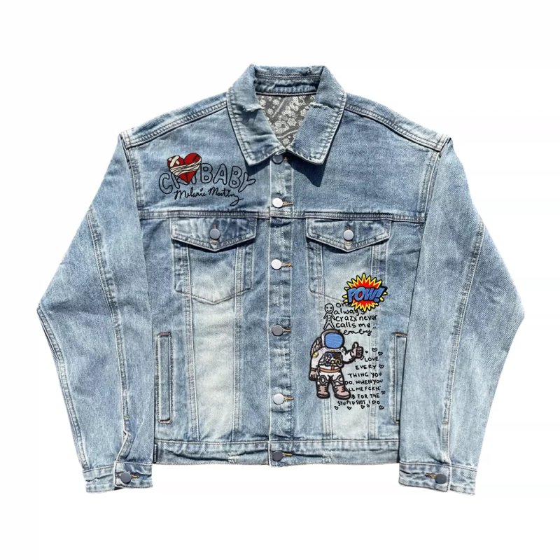 画像2: Astronaut & Heart Emblem Distressed Denim Jacket ユニセックス男女兼用宇宙飛行士＆ハートエンブレム ダメージデニムGジャン (2)