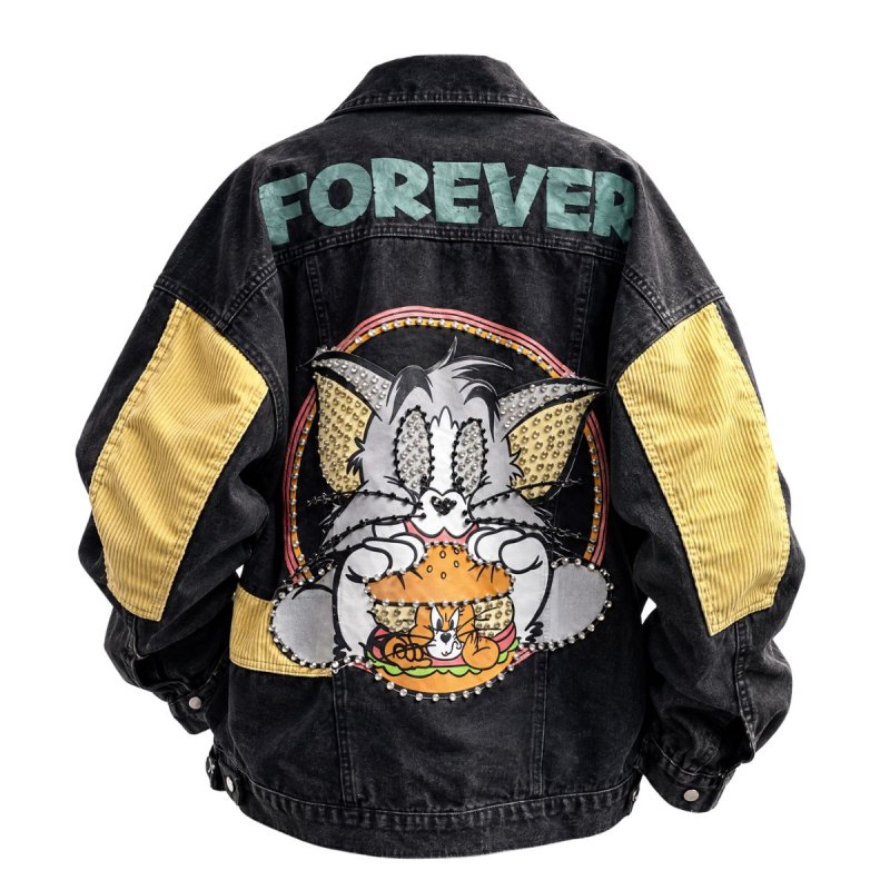 画像1: Oversized Unisex Tom and jerry denim Corduroy x Sequin hamburger Graffiti  Paint Denim jacket オーバーサイズ トムとジェリー トム ＆ ジェリー スパンコール コーデュロイ ペイント プリント  デニム Gジャン ジャケット (1)