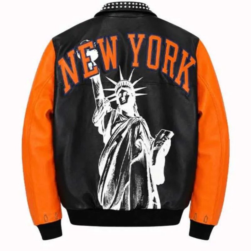 画像2: New York Knicks Championship Studded Leather Jacket Riders Motorcycle coat ニューヨーク・ニックス チャンピオンシップ スタッズ付き ヴィンテージ風 古着風 レザー ジャケット ライダース コート  (2)