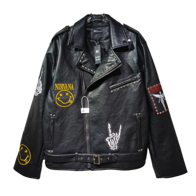 画像2: Nirvana Studded Leather Jacket Riders Motorcycle coat ニルヴァーナ スタッズ付き ヴィンテージ風 古着風 レザー ジャケット ライダース コート  (2)
