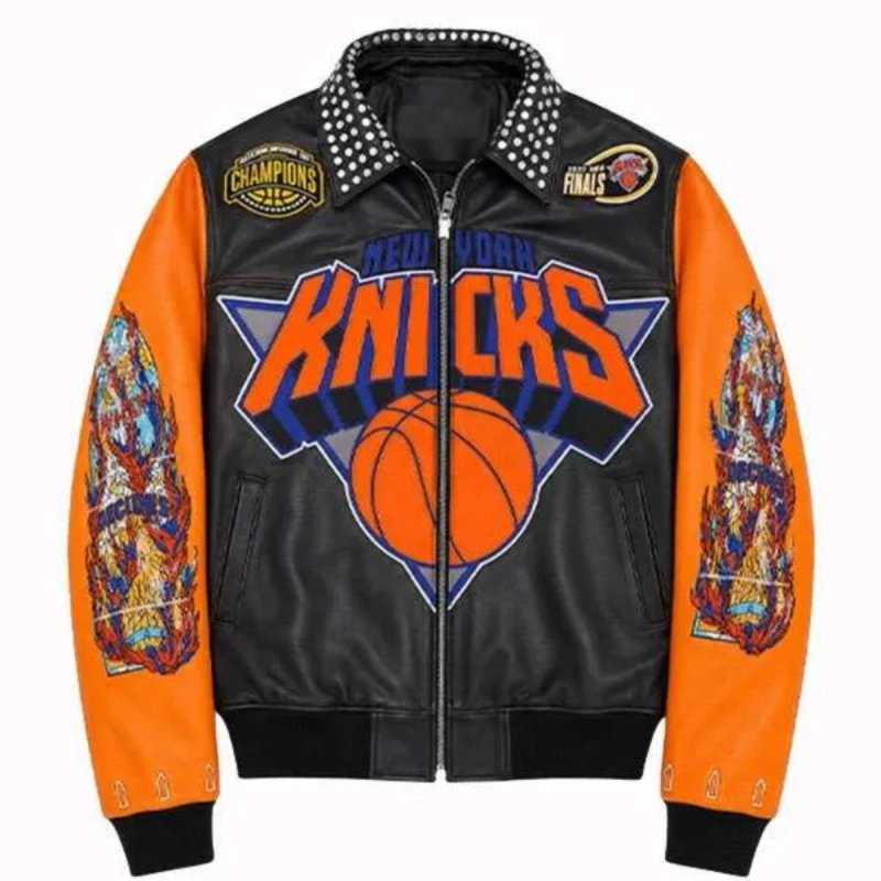 画像1: New York Knicks Championship Studded Leather Jacket Riders Motorcycle coat ニューヨーク・ニックス チャンピオンシップ スタッズ付き ヴィンテージ風 古着風 レザー ジャケット ライダース コート  (1)