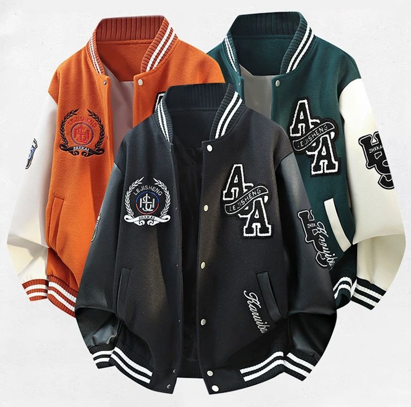 画像6: Alphabet & Emblem Embroidery Leather-Sleeve Varsity Jacket Baseball Jacket ユニセックス男女兼用アルファベット＆エンブレム刺繍 スリーブレザーベースボールジャケットスタジャン (6)