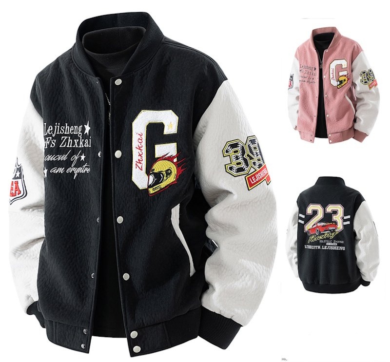 画像1: Racing Car & Emblem Embroidery Leather-Sleeve Varsity Jacket Embroidery Leather-Sleeve Varsity Jacket Baseball Jacket ユニセックス男女兼用レーシングカー＆エンブレム刺繍 スリーブレザーベースボールジャケットスタジャン (1)