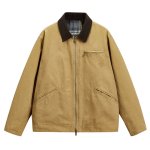 画像1: Lapel Zip-Up Cotton Jacket/Coat with Check Lining　ユニセックス男女兼用ラペル ジップアップ裏地チェックコットンジャケットコート (1)