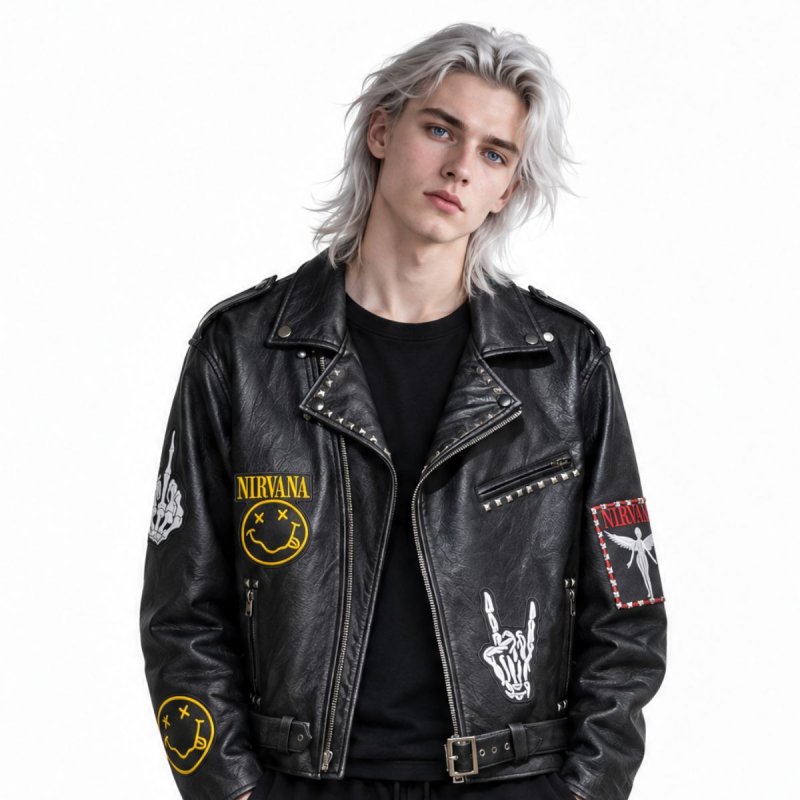 画像4: Nirvana Studded Leather Jacket Riders Motorcycle coat ニルヴァーナ スタッズ付き ヴィンテージ風 古着風 レザー ジャケット ライダース コート  (4)
