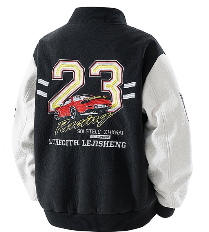 画像4: Racing Car & Emblem Embroidery Leather-Sleeve Varsity Jacket Embroidery Leather-Sleeve Varsity Jacket Baseball Jacket ユニセックス男女兼用レーシングカー＆エンブレム刺繍 スリーブレザーベースボールジャケットスタジャン (4)