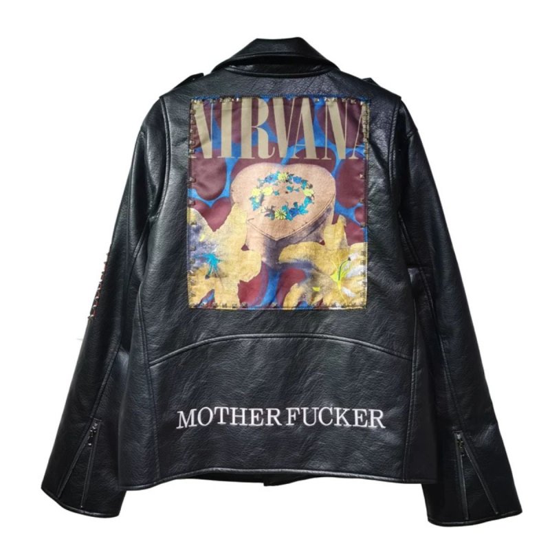 画像1: Nirvana Studded Leather Jacket Riders Motorcycle coat ニルヴァーナ スタッズ付き ヴィンテージ風 古着風 レザー ジャケット ライダース コート  (1)