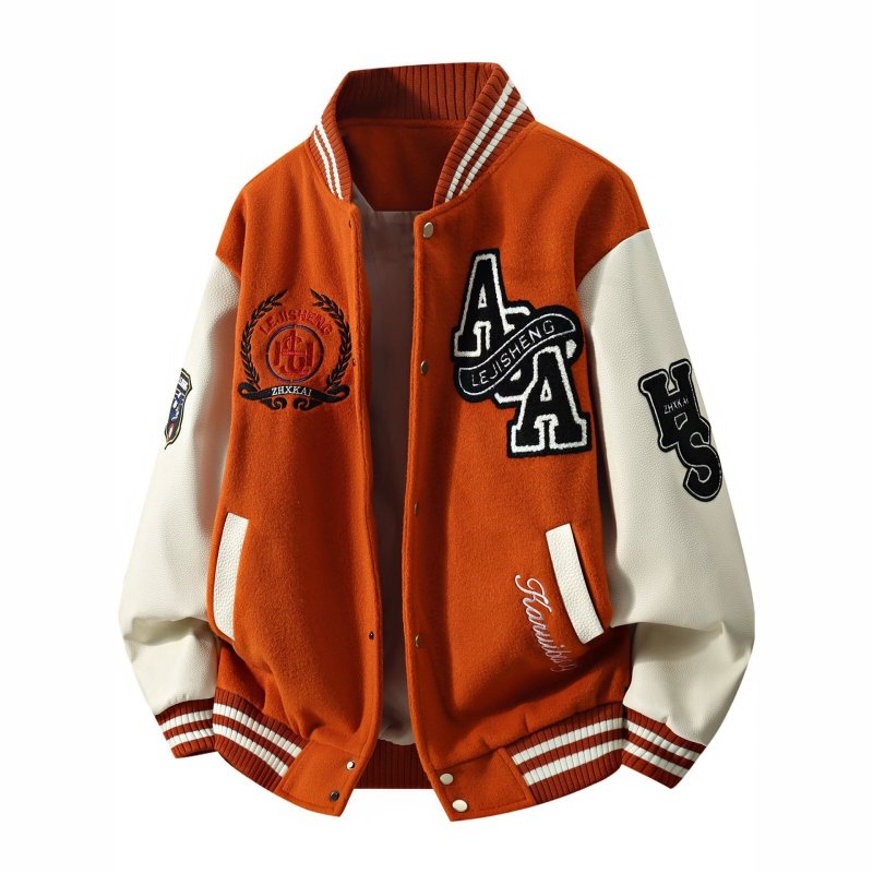 画像3: Alphabet & Emblem Embroidery Leather-Sleeve Varsity Jacket Baseball Jacket ユニセックス男女兼用アルファベット＆エンブレム刺繍 スリーブレザーベースボールジャケットスタジャン (3)