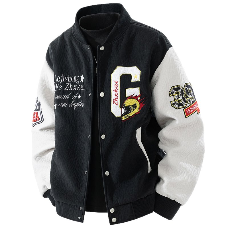 画像2: Racing Car & Emblem Embroidery Leather-Sleeve Varsity Jacket Embroidery Leather-Sleeve Varsity Jacket Baseball Jacket ユニセックス男女兼用レーシングカー＆エンブレム刺繍 スリーブレザーベースボールジャケットスタジャン (2)