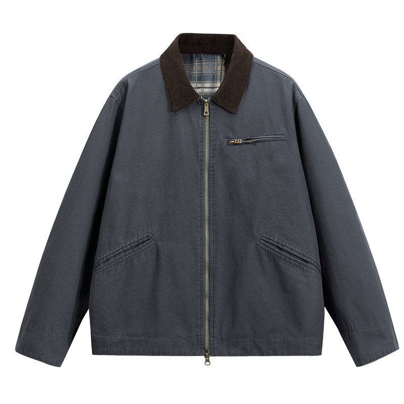 画像2: Lapel Zip-Up Cotton Jacket/Coat with Check Lining　ユニセックス男女兼用ラペル ジップアップ裏地チェックコットンジャケットコート (2)