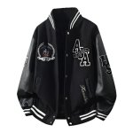画像2: Alphabet & Emblem Embroidery Leather-Sleeve Varsity Jacket Baseball Jacket ユニセックス男女兼用アルファベット＆エンブレム刺繍 スリーブレザーベースボールジャケットスタジャン (2)