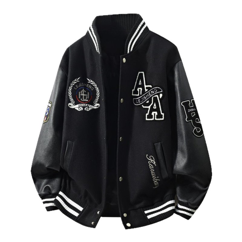 画像2: Alphabet & Emblem Embroidery Leather-Sleeve Varsity Jacket Baseball Jacket ユニセックス男女兼用アルファベット＆エンブレム刺繍 スリーブレザーベースボールジャケットスタジャン (2)