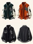 画像5: Alphabet & Emblem Embroidery Leather-Sleeve Varsity Jacket Baseball Jacket ユニセックス男女兼用アルファベット＆エンブレム刺繍 スリーブレザーベースボールジャケットスタジャン (5)