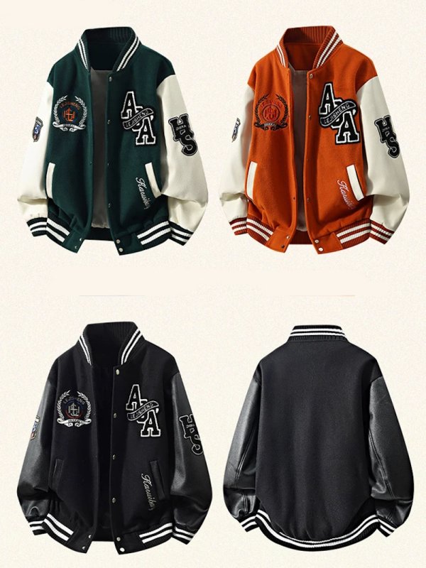 画像5: Alphabet & Emblem Embroidery Leather-Sleeve Varsity Jacket Baseball Jacket ユニセックス男女兼用アルファベット＆エンブレム刺繍 スリーブレザーベースボールジャケットスタジャン (5)