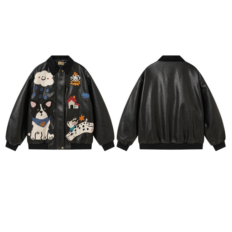 画像3:  Puppy applique embroidery leather jacket 男女兼用ユニセックスパピーアップリケ刺繍レザー ジャケット ライダース コート  (3)