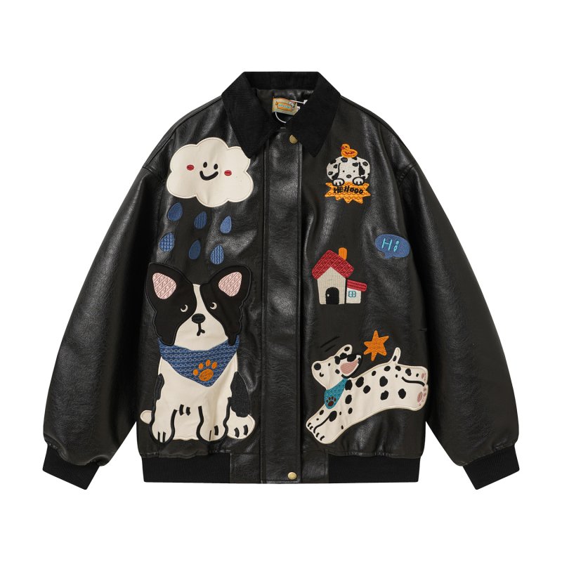 画像1:  Puppy applique embroidery leather jacket 男女兼用ユニセックスパピーアップリケ刺繍レザー ジャケット ライダース コート  (1)