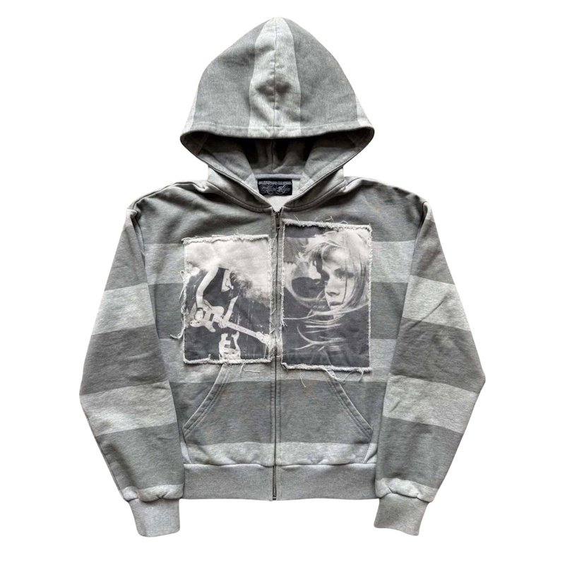 画像1: Photo-print Striped zip-up hoodie sweat ユニセックス 男女兼用 フォトプリント ボーダージップアップフーディパーカー トレーナー プルオーバー (1)