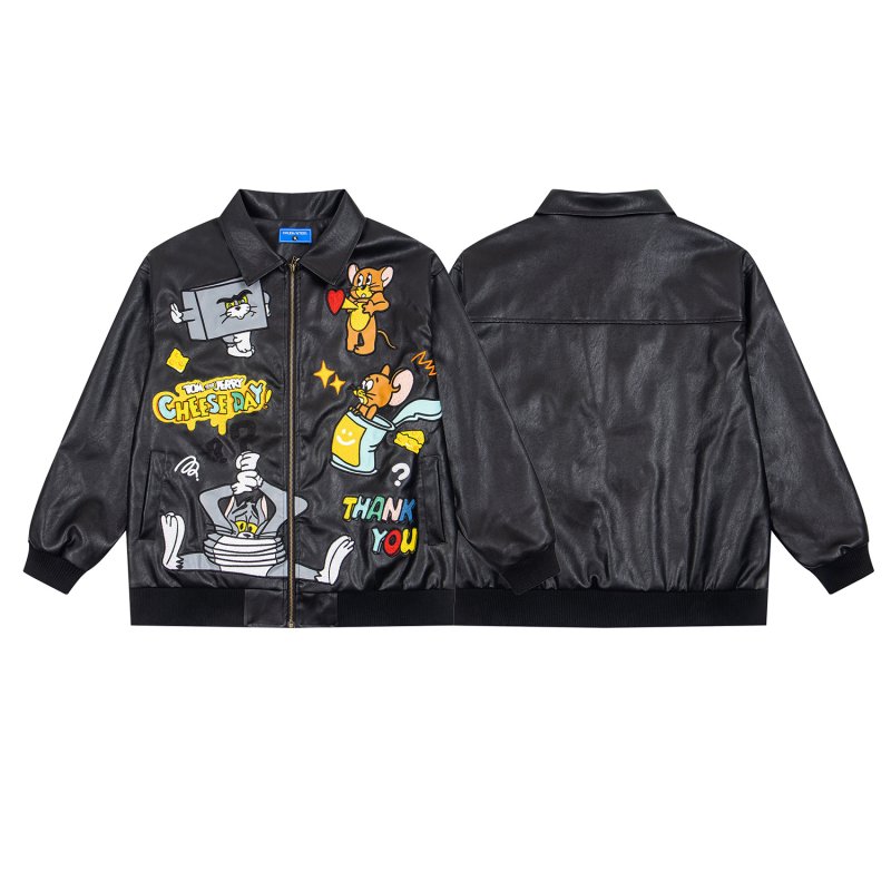 画像2: Tom & Jerry embroidered leather stadium jacket Jumper ユニセックス 男女兼用 トム&ジェリー 刺繍 レザー スタジャン スタジアムジャンパー  MA-1 ボンバー ジャケット ブルゾン (2)