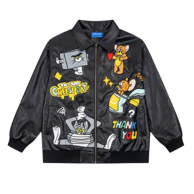 画像1: Tom & Jerry embroidered leather stadium jacket Jumper ユニセックス 男女兼用 トム&ジェリー 刺繍 レザー スタジャン スタジアムジャンパー  MA-1 ボンバー ジャケット ブルゾン (1)