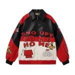 画像3: Snoopy Retro Embroidered Color-Block Leather Jacket stadium jacket ユニセックス男女兼用スヌーピー刺繍レトロスタイルカラーブロックジャケットスタジャン (3)