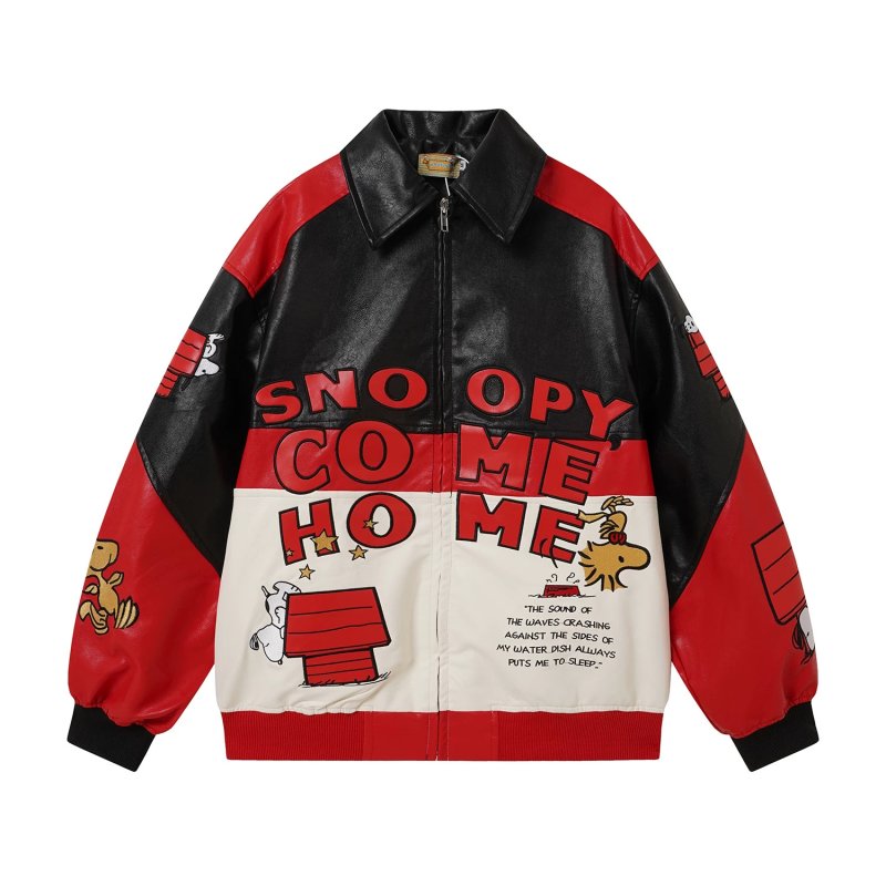 画像3: Snoopy Retro Embroidered Color-Block Leather Jacket stadium jacket ユニセックス男女兼用スヌーピー刺繍レトロスタイルカラーブロックジャケットスタジャン (3)