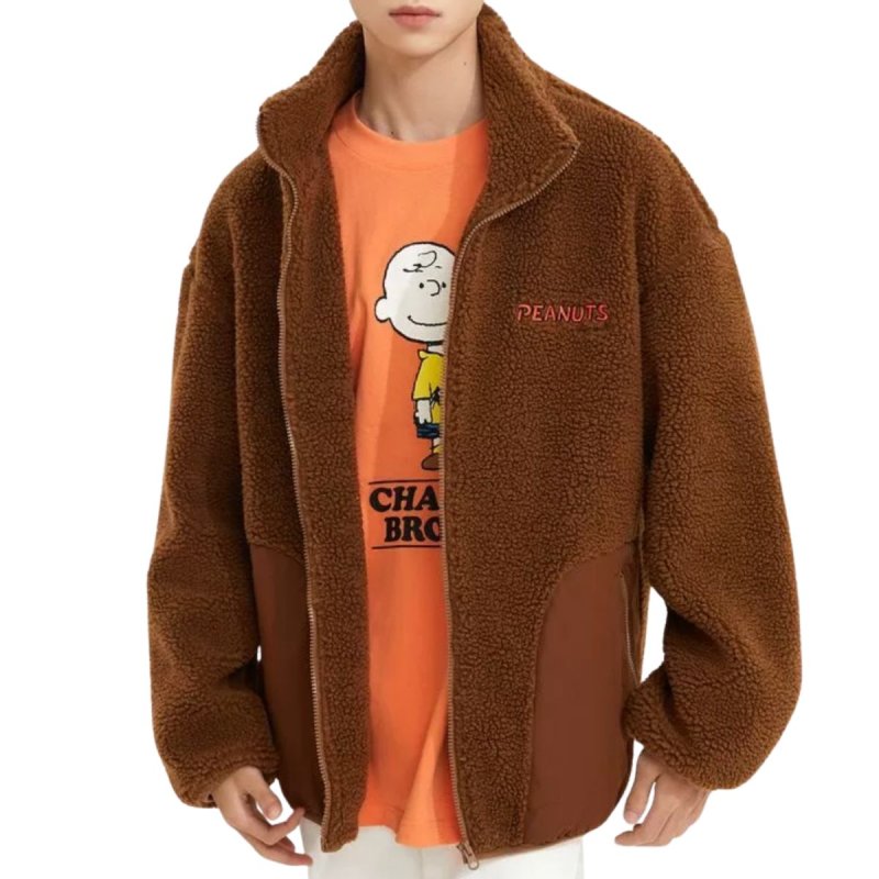 画像3: Snoopy eco fur fleece zip-up stand collar jacket blouson  ユニセックス 男女兼用 刺繍 スヌーピー フリース ボア エコファー ジップアップ スタンドカラー ジャケットブルゾン (3)