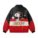 画像2: Snoopy Retro Embroidered Color-Block Leather Jacket stadium jacket ユニセックス男女兼用スヌーピー刺繍レトロスタイルカラーブロックジャケットスタジャン (2)