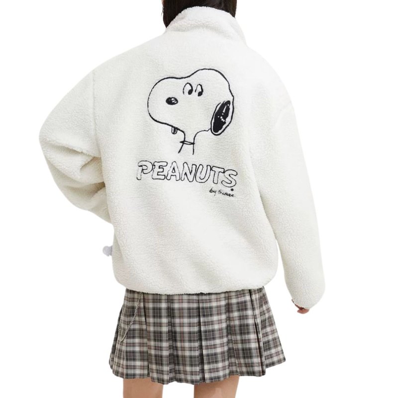 画像1: Snoopy eco fur fleece zip-up stand collar jacket blouson  ユニセックス 男女兼用 刺繍 スヌーピー フリース ボア エコファー ジップアップ スタンドカラー ジャケットブルゾン (1)