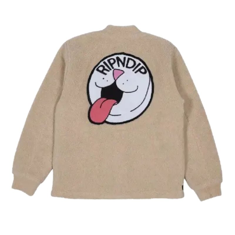 画像1: RIPNDIP Pill Sherpa Varsity Jacket  eco fur fleece zip-up stand collar jacket blouson ユニセックス 男女兼用 刺繍 リップンディップ フリース ボア エコファー ジップアップ スタンドカラー ジャケットブルゾン (1)
