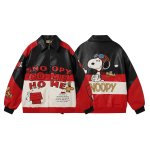 画像1: Snoopy Retro Embroidered Color-Block Leather Jacket stadium jacket ユニセックス男女兼用スヌーピー刺繍レトロスタイルカラーブロックジャケットスタジャン (1)
