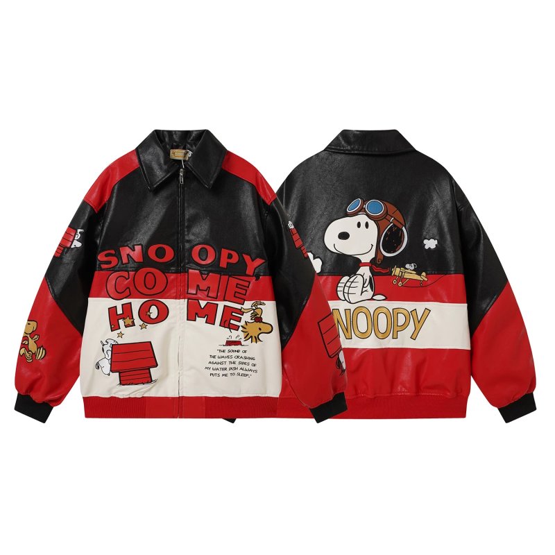 画像1: Snoopy Retro Embroidered Color-Block Leather Jacket stadium jacket ユニセックス男女兼用スヌーピー刺繍レトロスタイルカラーブロックジャケットスタジャン (1)