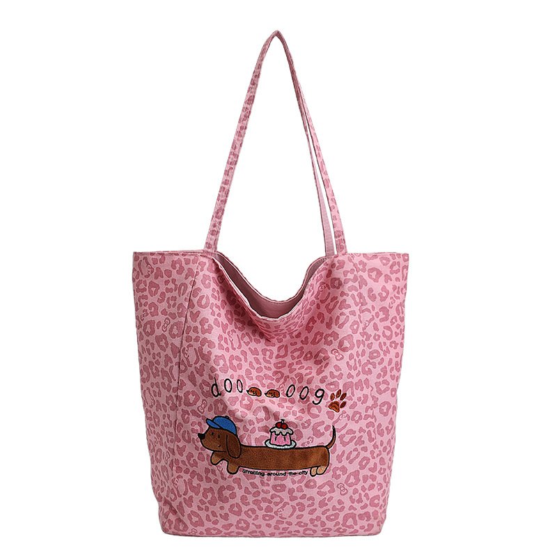 画像2: Leopard Print & Cartoon Tote/Shoulder Bag ヒョウ柄レオパード ×ドッグトートショルダーバッグ (2)