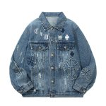 画像1: Cross graffiti paint washed denim jacket G Jacket  ユニセックス 男女兼用 十字架 クロス グラフィック 落書き ペイント ウォッシュド Gジャンジャケット (1)