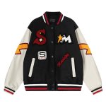 画像3: Microsoft No. 46 Patchwork Embroidery Leather-Sleeve Varsity Jacket ユニセックス男女兼用マイクロソフトナンバー46刺繍スリーブレザースタジャンスタジアムジャケット (3)