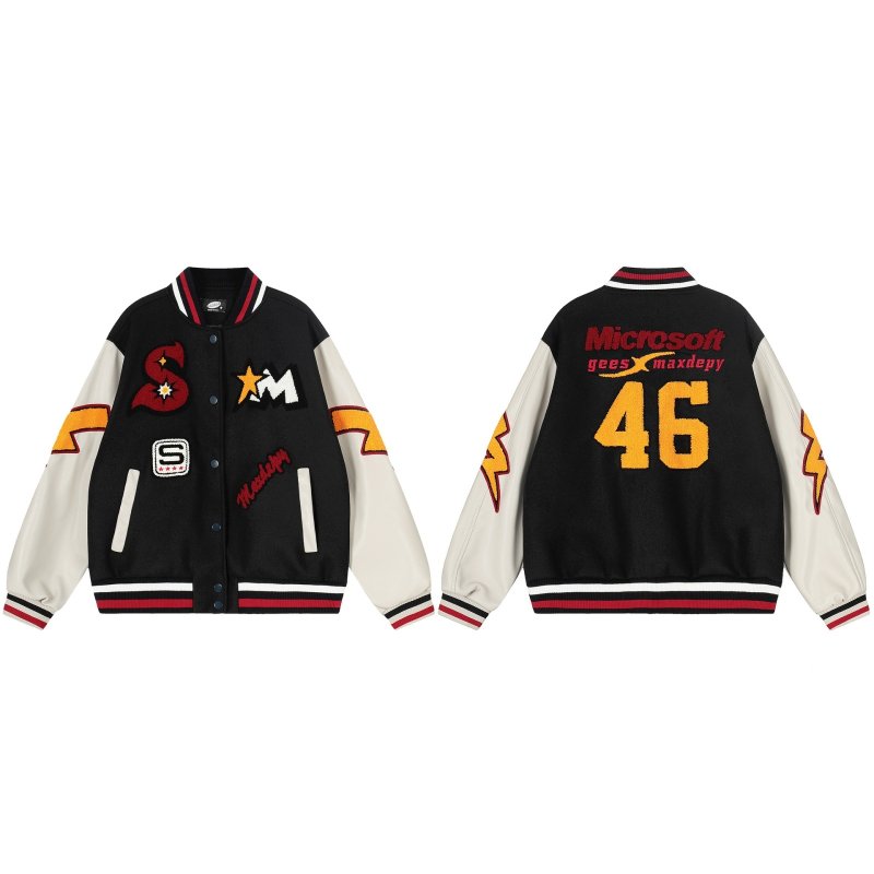 画像1: Microsoft No. 46 Patchwork Embroidery Leather-Sleeve Varsity Jacket ユニセックス男女兼用マイクロソフトナンバー46刺繍スリーブレザースタジャンスタジアムジャケット (1)