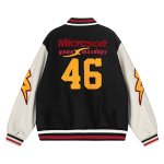 画像2: Microsoft No. 46 Patchwork Embroidery Leather-Sleeve Varsity Jacket ユニセックス男女兼用マイクロソフトナンバー46刺繍スリーブレザースタジャンスタジアムジャケット (2)