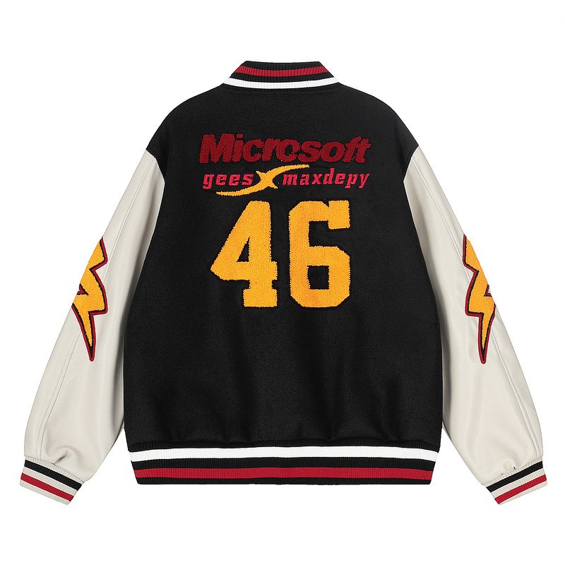 画像2: Microsoft No. 46 Patchwork Embroidery Leather-Sleeve Varsity Jacket ユニセックス男女兼用マイクロソフトナンバー46刺繍スリーブレザースタジャンスタジアムジャケット (2)