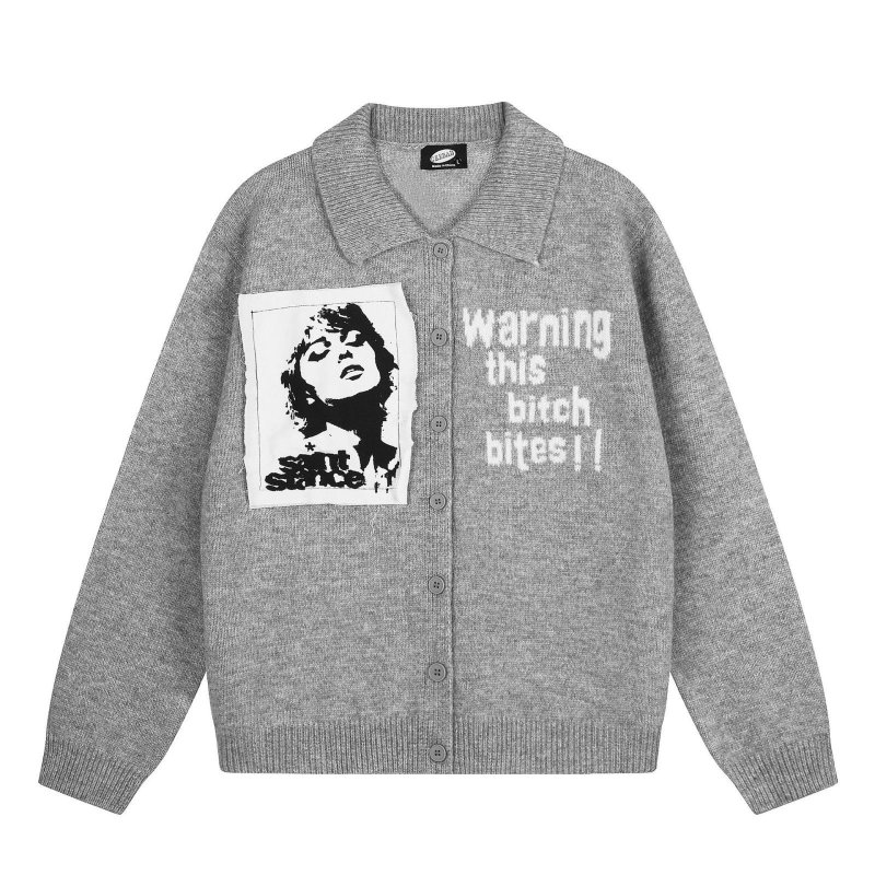 画像1: Knit Cardigan with Portrait Appliqué and Collar knit  ユニセックス 男女兼用 ポートレートアップリケ襟付きカーディガンニットセーター (1)