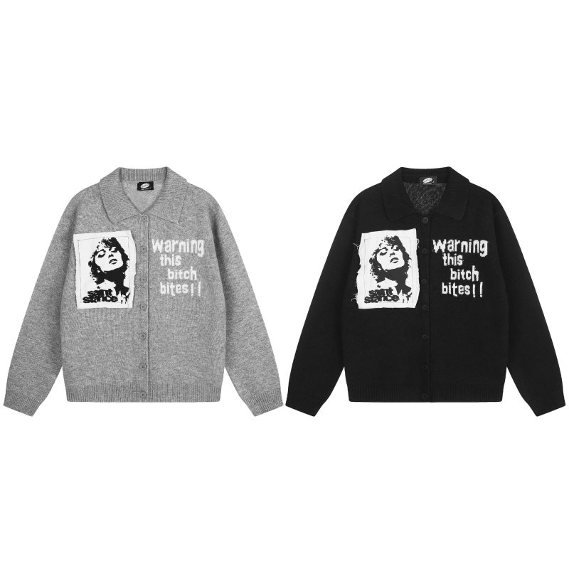 画像5: Knit Cardigan with Portrait Appliqué and Collar knit  ユニセックス 男女兼用 ポートレートアップリケ襟付きカーディガンニットセーター (5)