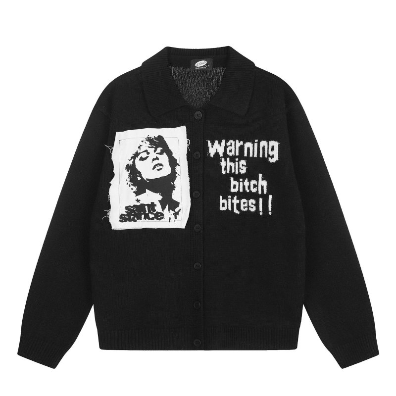 画像2: Knit Cardigan with Portrait Appliqué and Collar knit  ユニセックス 男女兼用 ポートレートアップリケ襟付きカーディガンニットセーター (2)