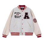 画像2: Color-block leather-sleeve varsity jacket Varsity Jacket ユニセックス男女兼用カラーブロックスリーブレザースタジャンスタジアムジャケット (2)