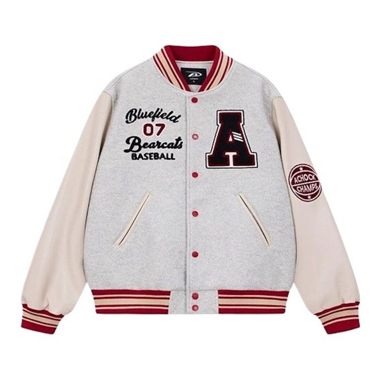 画像2: Color-block leather-sleeve varsity jacket Varsity Jacket ユニセックス男女兼用カラーブロックスリーブレザースタジャンスタジアムジャケット (2)