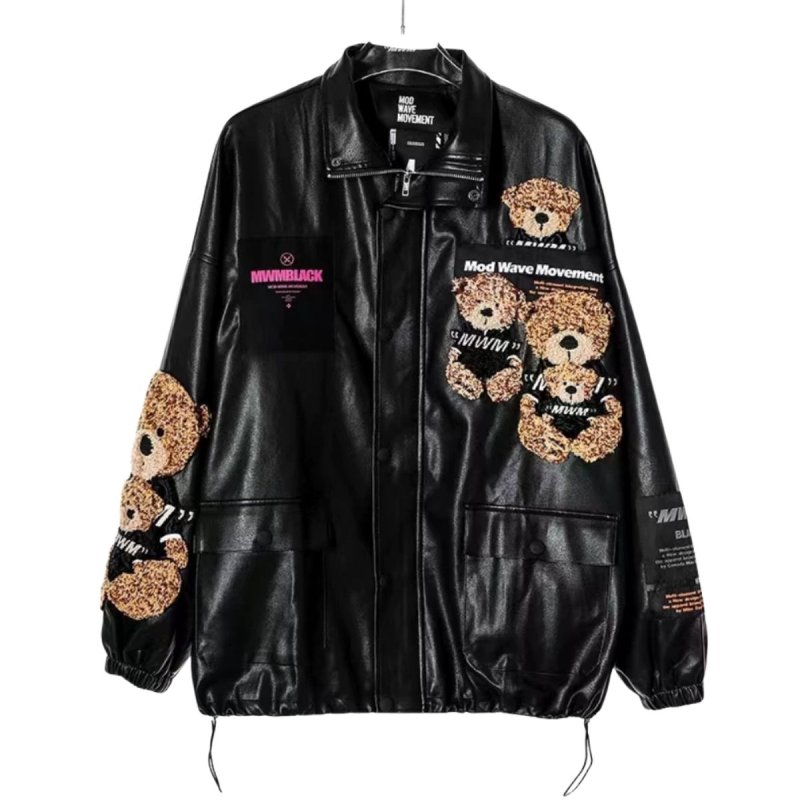 画像2: Mod wave movement Bear Emblem Leather Jumper jacket baseball uniform jacket blouson ユニセックス 男女兼用 MWM 木村井泓 ベアエンブレム 刺繍 レザー スタジアムジャンパー スタジャン ブルゾン ジャケット (2)