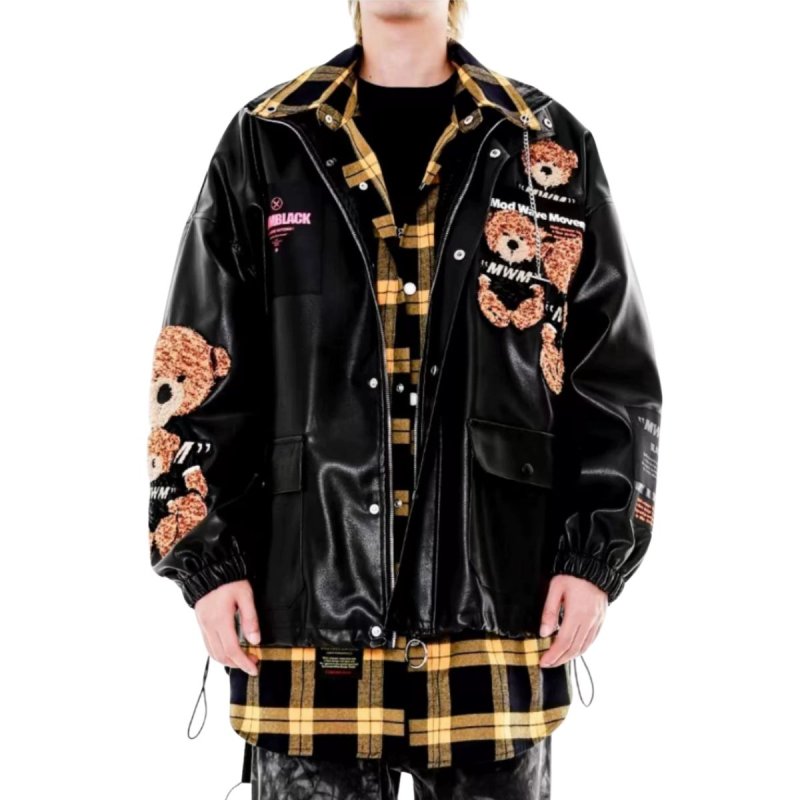 画像1: Mod wave movement Bear Emblem Leather Jumper jacket baseball uniform jacket blouson ユニセックス 男女兼用 MWM 木村井泓 ベアエンブレム 刺繍 レザー スタジアムジャンパー スタジャン ブルゾン ジャケット (1)