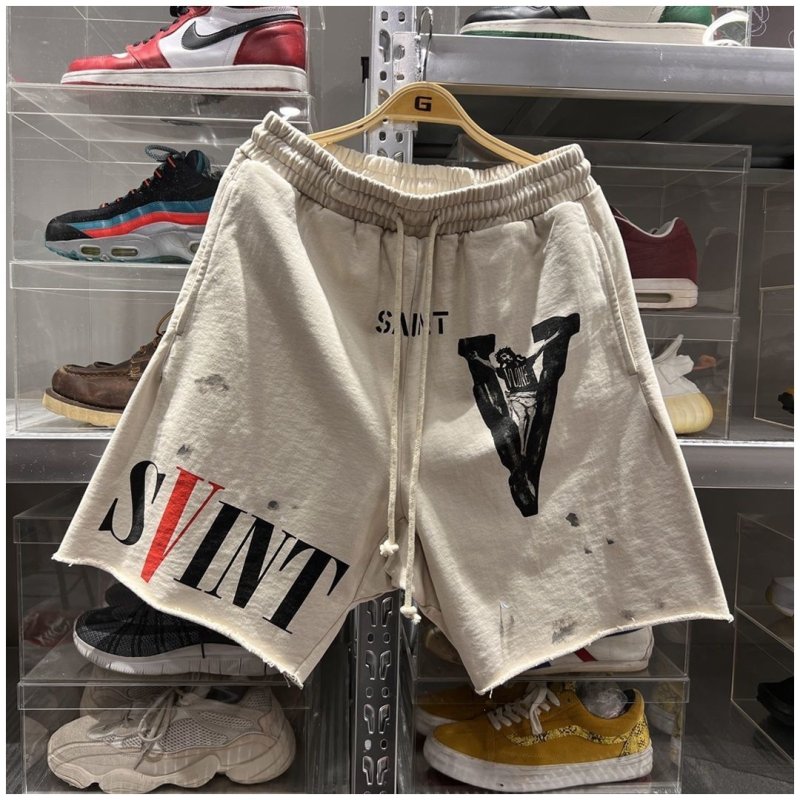 画像2: Unisex V & Jesus Paint Sweat Shorts pants ユニセックス 男女兼用 V & ジーザスペイントプリントスウェットハーフパンツ (2)