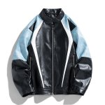 画像1: Leather Stand-Collar Zip-Up Motorcycle Jacket　ユニセックス男女兼用レザースタンドカラージップアップモーターサイクルジャケット (1)
