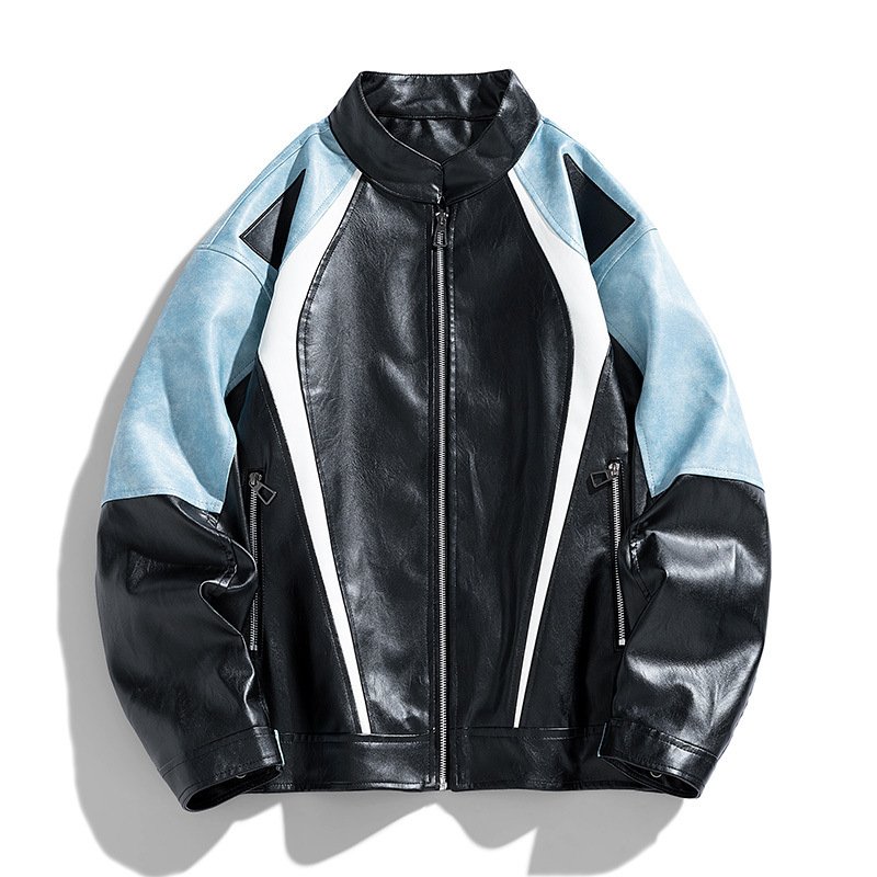画像1: Leather Stand-Collar Zip-Up Motorcycle Jacket　ユニセックス男女兼用レザースタンドカラージップアップモーターサイクルジャケット (1)