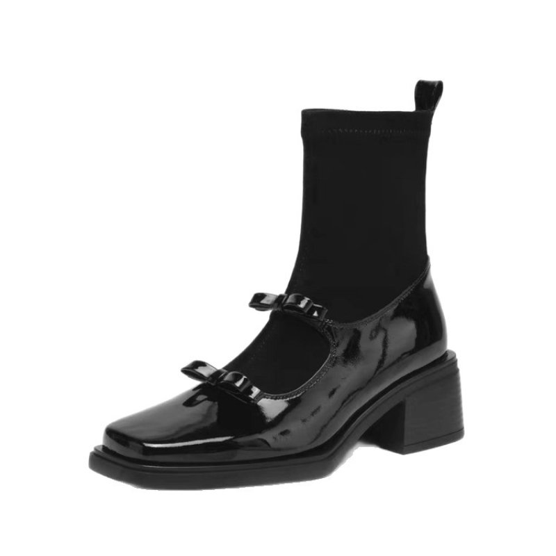 画像1: Leather Bow Loafer Ankle Boots　レザーボウローファーソックスショートブーツ (1)